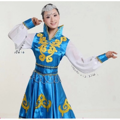 Blue red Mongolian costume dance clothes Chinese minority clothing apparel Mongolia clothes dance costume dress stage clothes